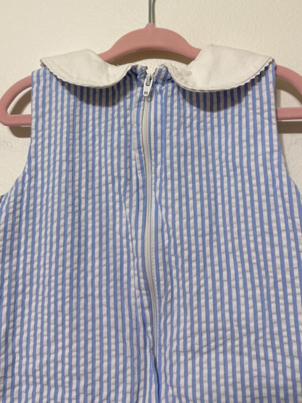 Classic Prep Striped Seersucker Dress 4T Embroidery Sailboat Petal Collar - Picture 7 of 10